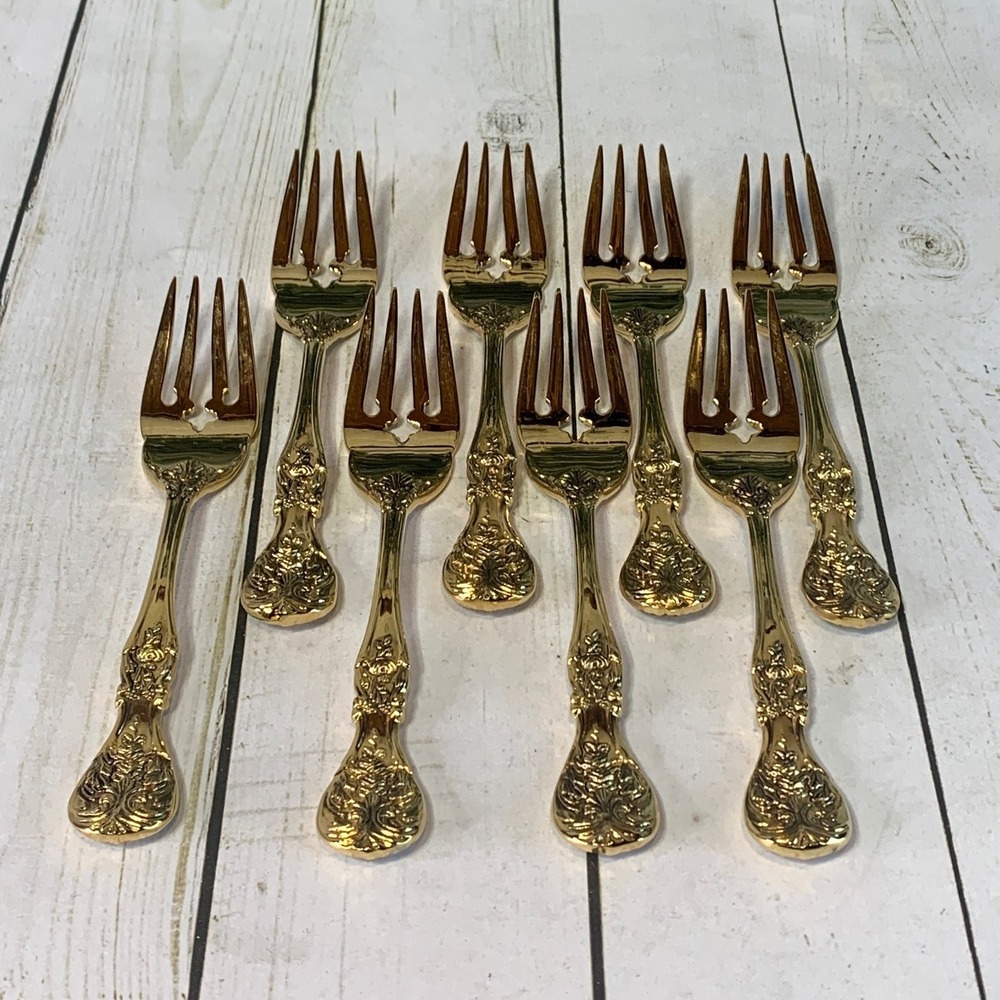 FB Rogers Gold Plated Cocktail Forks Set of 8 Ornate Scroll Floral Pattern